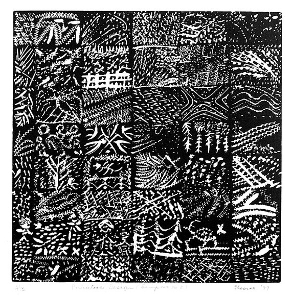 Artist: b'Shearer, Mitzi.' | Title: b'Primitive design (sampler no.2)' | Date: 1977 | Technique: b'linocut, printed in black ink, from one block'