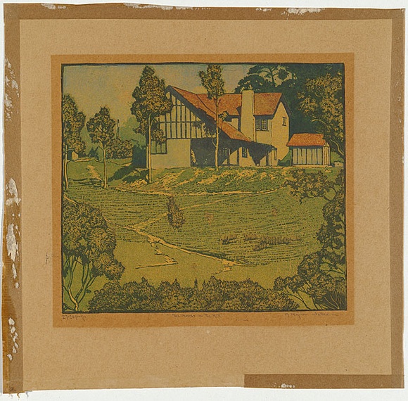 Artist: b'Waller, M. Napier.' | Title: b'House on the hill.' | Date: 1925 | Technique: b'linocut, printed in colour, from multiple blocks' Artist: b'Waller, M. Napier.' | Title: b'House on the hill.' | Date: 1925 | Technique: b'linocut, printed in colour, from multiple blocks'