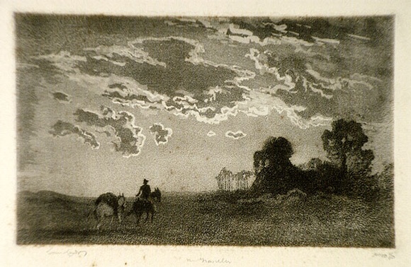 Artist: b'LINDSAY, Lionel' | Title: b'The traveller' | Date: 1925 | Technique: b'aquatint with scraped highlights, printed in black ink, from one plate' | Copyright: b'Courtesy of the National Library of Australia' Artist: b'LINDSAY, Lionel' | Title: b'The traveller' | Date: 1925 | Technique: b'aquatint with scraped highlights, printed in black ink, from one plate' | Copyright: b'Courtesy of the National Library of Australia'