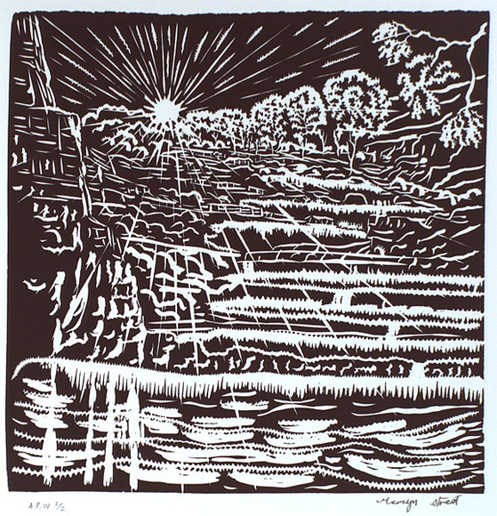 Artist: b'STREET, Mervyn' | Title: b'Sunrise with trees' | Date: 1999, August | Technique: b'linocut, printed in black ink, from one block' Artist: b'STREET, Mervyn' | Title: b'Sunrise with trees' | Date: 1999, August | Technique: b'linocut, printed in black ink, from one block'