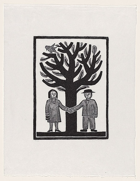 Artist: b'Groblicka, Lidia.' | Title: b'Tree of two' | Date: 1972 | Technique: b'woodcut, printed in black ink, from one block' Artist: b'Groblicka, Lidia.' | Title: b'Tree of two' | Date: 1972 | Technique: b'woodcut, printed in black ink, from one block'