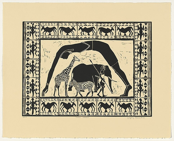 Artist: b'Alexander, Gregory.' | Title: b'African folktale' | Date: 1995, October | Technique: b'linocut, printed in black ink, from one block' Artist: b'Alexander, Gregory.' | Title: b'African folktale' | Date: 1995, October | Technique: b'linocut, printed in black ink, from one block'