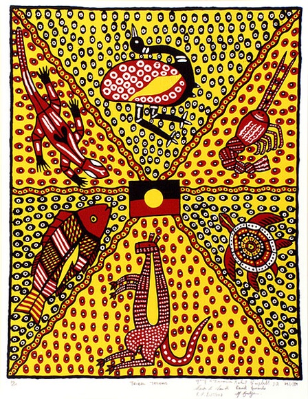 Artist: b'Campbell (Jnr.), Robert' | Title: b'Tribal totems' | Date: 1989 | Technique: b'screenprint, printed in colour, from multiple stencils' | Copyright: b'Courtesy of Rolsyn Oxley9 Gallery' Artist: b'Campbell (Jnr.), Robert' | Title: b'Tribal totems' | Date: 1989 | Technique: b'screenprint, printed in colour, from multiple stencils' | Copyright: b'Courtesy of Rolsyn Oxley9 Gallery'