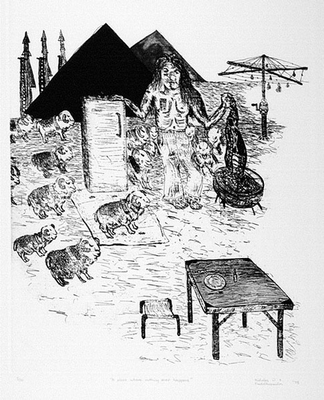 Artist: b'Nedelkopoulos, Nicholas.' | Title: b'A place where nothing ever happens' | Technique: b'etching, printed in black ink, from one plate' Artist: b'Nedelkopoulos, Nicholas.' | Title: b'A place where nothing ever happens' | Technique: b'etching, printed in black ink, from one plate'