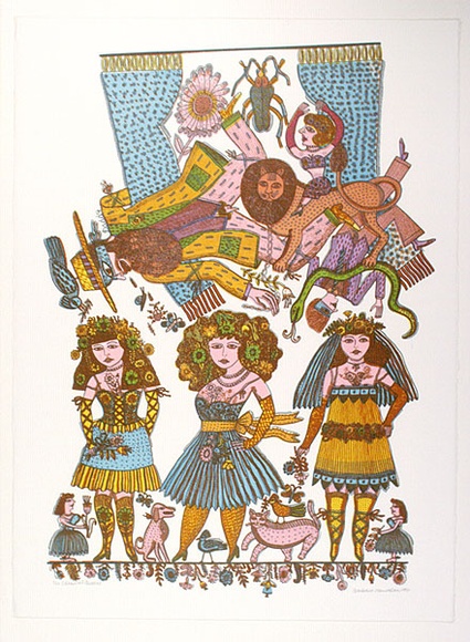 Artist: b'HANRAHAN, Barbara' | Title: b'Carnival queens' | Date: 1977 | Technique: b'screenprint, printed in colour, from seven stencils' Artist: b'HANRAHAN, Barbara' | Title: b'Carnival queens' | Date: 1977 | Technique: b'screenprint, printed in colour, from seven stencils'