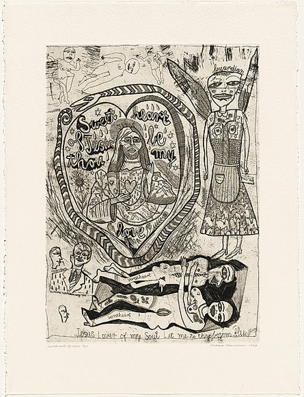 Artist: b'HANRAHAN, Barbara' | Title: b'Sweethearts of Jesus' | Date: 1989 | Technique: b'etching, printed in black ink with plate-tone, from one plate' Artist: b'HANRAHAN, Barbara' | Title: b'Sweethearts of Jesus' | Date: 1989 | Technique: b'etching, printed in black ink with plate-tone, from one plate'