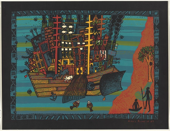 Artist: b'Franklin, Annie.' | Title: bnot titled 'Civilization' [invading Aboriginal Australia}. | Date: 1989 | Technique: b'screenprint, printed in colour, from multiple screens' Artist: b'Franklin, Annie.' | Title: bnot titled 'Civilization' [invading Aboriginal Australia}. | Date: 1989 | Technique: b'screenprint, printed in colour, from multiple screens'