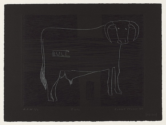 Artist: b'Moore, Robert.' | Title: b'Bull' | Date: 1990, October | Technique: b'etching, printed in colour, from three plates' Artist: b'Moore, Robert.' | Title: b'Bull' | Date: 1990, October | Technique: b'etching, printed in colour, from three plates'