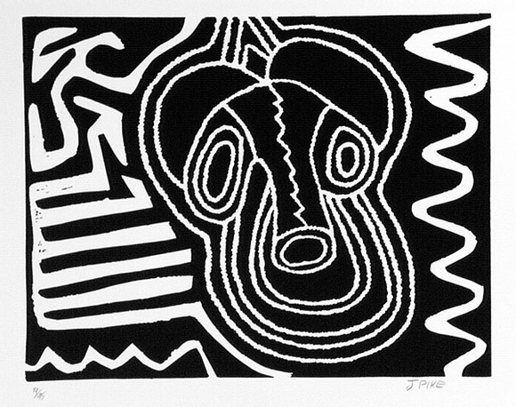 Artist: b'Pike, Jimmy.' | Title: b'Two men sitting at a waterhole' | Date: 1985 | Technique: b'screenprint, printed in black ink, from one stencil' Artist: b'Pike, Jimmy.' | Title: b'Two men sitting at a waterhole' | Date: 1985 | Technique: b'screenprint, printed in black ink, from one stencil'