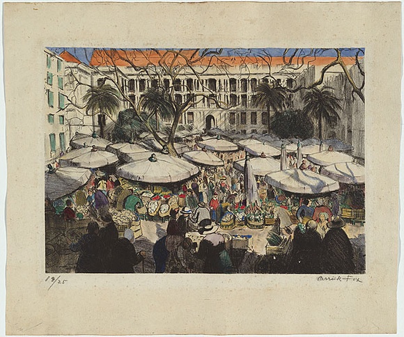 Artist: b'Carrick, Ethel.' | Title: b'The fruit and vegetable market, Nice.' | Date: 1933 | Technique: b'lithograph, printed in black ink, from one stone; hand-coloured in watercolour' Artist: b'Carrick, Ethel.' | Title: b'The fruit and vegetable market, Nice.' | Date: 1933 | Technique: b'lithograph, printed in black ink, from one stone; hand-coloured in watercolour'