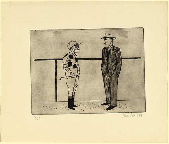 Artist: b'Brack, John.' | Title: b'Jockey and trainer.' | Date: 1956 | Technique: b'etching, printed in black ink with plate-tone, from one copper plate' | Copyright: b'\xc2\xa9 Helen Brack' Artist: b'Brack, John.' | Title: b'Jockey and trainer.' | Date: 1956 | Technique: b'etching, printed in black ink with plate-tone, from one copper plate' | Copyright: b'\xc2\xa9 Helen Brack'