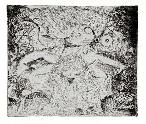 Artist: b'BOYD, Arthur' | Title: bNude washing in a creek with watching head and ram's head. | Date: (1962-63) | Technique: b'etching, printed in black ink, from one plate' | Copyright: b'Reproduced with permission of Bundanon Trust' Artist: b'BOYD, Arthur' | Title: bNude washing in a creek with watching head and ram's head. | Date: (1962-63) | Technique: b'etching, printed in black ink, from one plate' | Copyright: b'Reproduced with permission of Bundanon Trust'