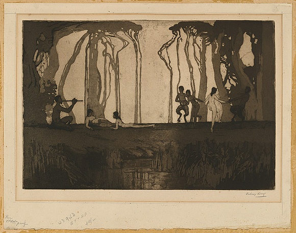 Artist: b'Long, Sydney.' | Title: b'Pan' | Date: 1919 | Technique: b'line-etching and aquatint, printed in sepia ink, from one copper plate' | Copyright: b'Reproduced with the kind permission of the Ophthalmic Research Institute of Australia' Artist: b'Long, Sydney.' | Title: b'Pan' | Date: 1919 | Technique: b'line-etching and aquatint, printed in sepia ink, from one copper plate' | Copyright: b'Reproduced with the kind permission of the Ophthalmic Research Institute of Australia'