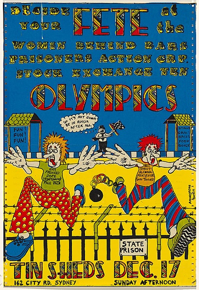 Artist: b'Zoates, Toby.' | Title: b'Discover your Fete at the Women Behind Bars prisoners action group... olympics.' | Date: 1978 | Technique: b'screenprint, printed in colour, from three stencils' Artist: b'Zoates, Toby.' | Title: b'Discover your Fete at the Women Behind Bars prisoners action group... olympics.' | Date: 1978 | Technique: b'screenprint, printed in colour, from three stencils'