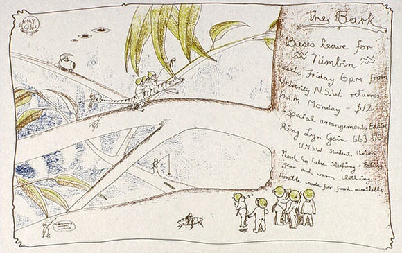 Artist: b'LITTLE, Colin' | Title: b'The bark: Buses leave for Nimbin.' | Date: 1973 | Technique: b'screenprint, printed in colour, from four stencils' Artist: b'LITTLE, Colin' | Title: b'The bark: Buses leave for Nimbin.' | Date: 1973 | Technique: b'screenprint, printed in colour, from four stencils'