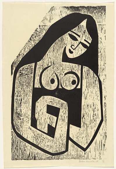 Artist: b'HANRAHAN, Barbara' | Title: b'Sorrowing woman' | Date: 1960 | Technique: b'woodcut, printed in colour, from one block' Artist: b'HANRAHAN, Barbara' | Title: b'Sorrowing woman' | Date: 1960 | Technique: b'woodcut, printed in colour, from one block'