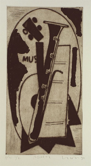 Artist: b'Lincoln, Kevin.' | Title: b'Music' | Date: 1990 | Technique: b'etching, printed in black ink with plate-tone, from one stone' Artist: b'Lincoln, Kevin.' | Title: b'Music' | Date: 1990 | Technique: b'etching, printed in black ink with plate-tone, from one stone'