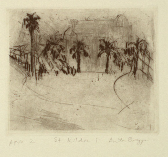Artist: b'Bragge, Anita.' | Title: b'St Kilda.' | Date: 1999, March | Technique: b'drypoint, printed in black ink, from one plate' Artist: b'Bragge, Anita.' | Title: b'St Kilda.' | Date: 1999, March | Technique: b'drypoint, printed in black ink, from one plate'