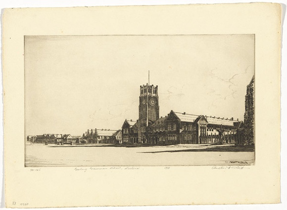 Artist: b'PLATT, Austin' | Title: b'Geelong Grammar School, Victoria' | Date: 1937 | Technique: b'etching, printed in black ink, from one plate' Artist: b'PLATT, Austin' | Title: b'Geelong Grammar School, Victoria' | Date: 1937 | Technique: b'etching, printed in black ink, from one plate'