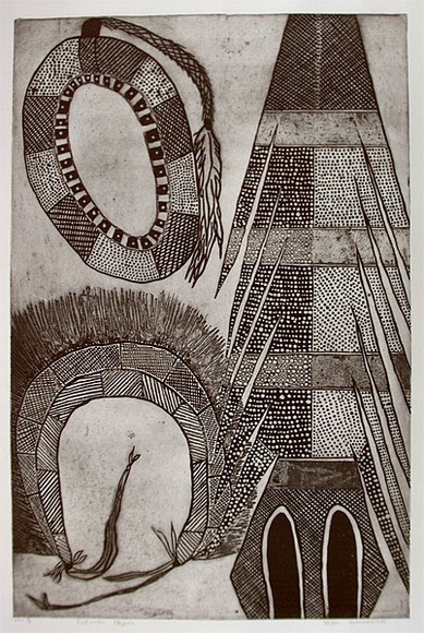 Artist: b'Wonaeamirri, Pedro.' | Title: b'Pukumani objects' | Date: 2000, March | Technique: b'etching, printed in black ink, with plate-tone, from one plate' | Copyright: b'\xc2\xa9 Pedro Wonaeamirri, Jilamara Arts and Craft' Artist: b'Wonaeamirri, Pedro.' | Title: b'Pukumani objects' | Date: 2000, March | Technique: b'etching, printed in black ink, with plate-tone, from one plate' | Copyright: b'\xc2\xa9 Pedro Wonaeamirri, Jilamara Arts and Craft'