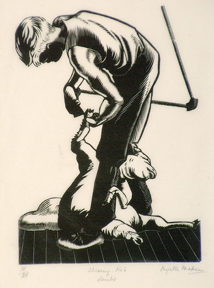 Artist: b'Fasken, Myrtle.' | Title: b'Shearing No.6 (Lambs).' | Date: (1929) | Technique: b'wood-engraving, printed in black ink, from one block' | Copyright: b'\xc2\xa9 The Estate of Myrtle Fasken' Artist: b'Fasken, Myrtle.' | Title: b'Shearing No.6 (Lambs).' | Date: (1929) | Technique: b'wood-engraving, printed in black ink, from one block' | Copyright: b'\xc2\xa9 The Estate of Myrtle Fasken'