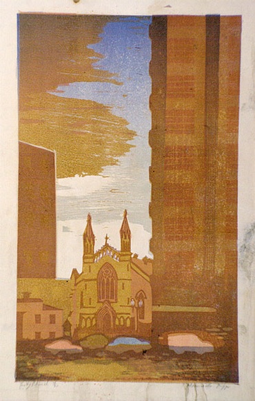 Artist: b'Higgs, Florence.' | Title: b'City church.' | Date: c.1955 | Technique: b'linocut, printed in colour, from five blocks' Artist: b'Higgs, Florence.' | Title: b'City church.' | Date: c.1955 | Technique: b'linocut, printed in colour, from five blocks'