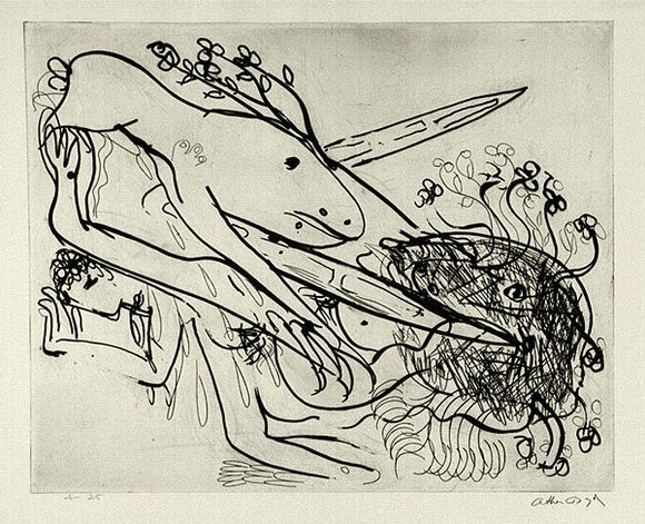 Artist: b'BOYD, Arthur' | Title: b'Dog with crutches and falling figure.' | Date: (1968-69) | Technique: b'etching, printed in black ink, from one plate' | Copyright: b'Reproduced with permission of Bundanon Trust' Artist: b'BOYD, Arthur' | Title: b'Dog with crutches and falling figure.' | Date: (1968-69) | Technique: b'etching, printed in black ink, from one plate' | Copyright: b'Reproduced with permission of Bundanon Trust'