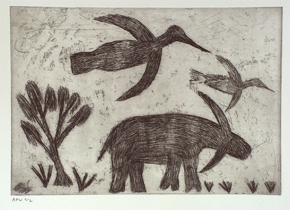 Artist: b'Jirwulurr Johnson, Amy.' | Title: b'not titled (bird and buffalo)' | Date: 2000, November | Technique: b'etching, printed in black ink, from one plate' Artist: b'Jirwulurr Johnson, Amy.' | Title: b'not titled (bird and buffalo)' | Date: 2000, November | Technique: b'etching, printed in black ink, from one plate'