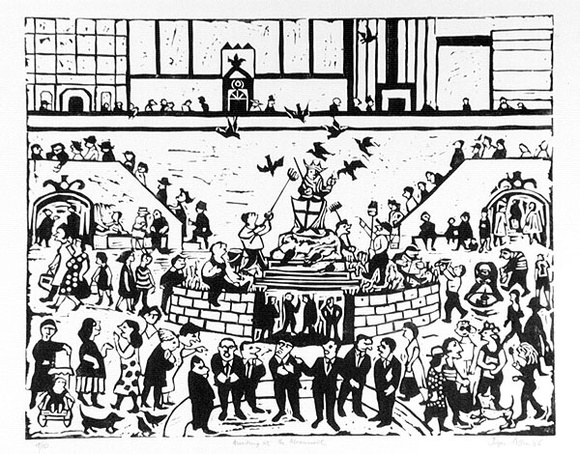 Artist: b'Allen, Joyce.' | Title: b'Meeting at the monument.' | Date: 1986 | Technique: b'linocut, printed in black ink, from one block' Artist: b'Allen, Joyce.' | Title: b'Meeting at the monument.' | Date: 1986 | Technique: b'linocut, printed in black ink, from one block'