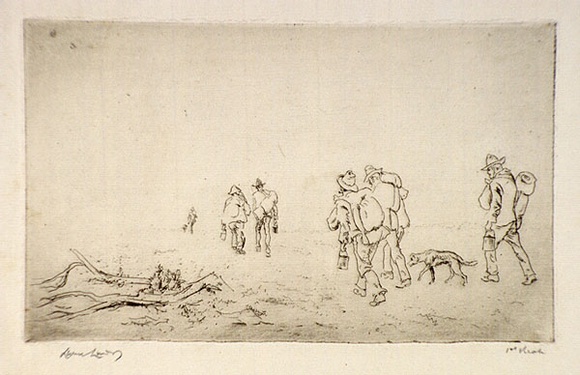 Artist: b'LINDSAY, Lionel' | Title: b'Tramping for tucker' | Date: 1917 | Technique: b'etching, printed in black ink, from one plate' | Copyright: b'Courtesy of the National Library of Australia' Artist: b'LINDSAY, Lionel' | Title: b'Tramping for tucker' | Date: 1917 | Technique: b'etching, printed in black ink, from one plate' | Copyright: b'Courtesy of the National Library of Australia'