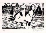 Artist: Burgess, Jeff. | Title: Kids on beach. | Date: 1985 | Technique: woodcut