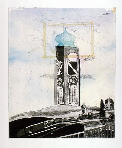 Artist: b'Moore, Mary.' | Title: b'Oxo Tower, outside Blackfriars, London' | Date: 1980 | Technique: b'etching, aquatint and roulette printed in black ink, from one plate; lithograph, printed in colour with green ballpoint pen' | Copyright: b'\xc2\xa9 Mary Moore' Artist: b'Moore, Mary.' | Title: b'Oxo Tower, outside Blackfriars, London' | Date: 1980 | Technique: b'etching, aquatint and roulette printed in black ink, from one plate; lithograph, printed in colour with green ballpoint pen' | Copyright: b'\xc2\xa9 Mary Moore'