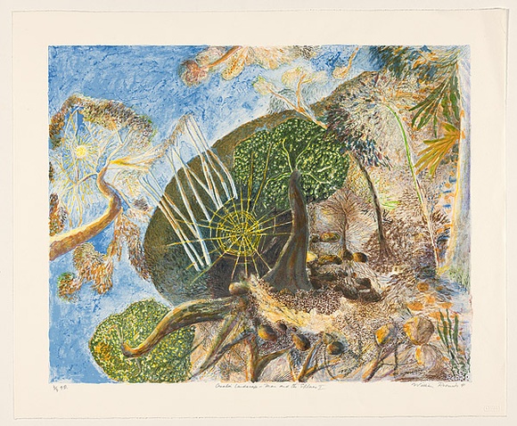 Artist: b'Robinson, William.' | Title: b'Creation landscape - Man and the Spheres I' | Date: 1991, September, October, November | Technique: b'lithograph, printed in colour, from multiple plates' Artist: b'Robinson, William.' | Title: b'Creation landscape - Man and the Spheres I' | Date: 1991, September, October, November | Technique: b'lithograph, printed in colour, from multiple plates'