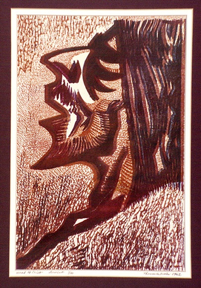 Artist: b'de Kesler, Thomas.' | Title: b'Head of Christ.' | Date: 1962 | Technique: b'linocut, printed in colour, from four blocks' | Copyright: b'\xc2\xa9 Thomas de Kessler' Artist: b'de Kesler, Thomas.' | Title: b'Head of Christ.' | Date: 1962 | Technique: b'linocut, printed in colour, from four blocks' | Copyright: b'\xc2\xa9 Thomas de Kessler'