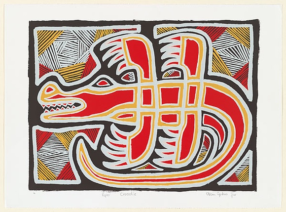 Artist: b'Joshua, Alan.' | Title: b'Crocodile' | Date: c.2001 | Technique: b'screenprint, printed in colour, from four stencils' Artist: b'Joshua, Alan.' | Title: b'Crocodile' | Date: c.2001 | Technique: b'screenprint, printed in colour, from four stencils'