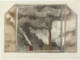 Artist: BALDESSIN, George | Title: Window and factory smoke II. | Date: 1970 | Technique: etching and aquatint, printed in black ink, from three plates; stencil, printed in colour, from three stencils