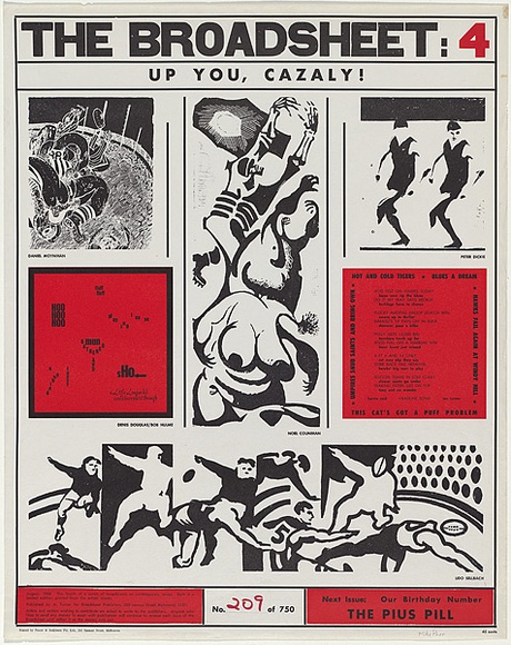 Artist: b'Counihan, Noel.' | Title: b'The Broadsheet: 4 Up you, Cazaly!.' | Date: 1968 | Technique: b'relief-etching' Artist: b'Counihan, Noel.' | Title: b'The Broadsheet: 4 Up you, Cazaly!.' | Date: 1968 | Technique: b'relief-etching'