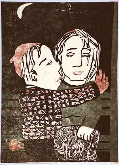 Artist: b'Randell, Fleur.' | Title: b'The hug' | Date: 1994 | Technique: b'woodcut, printed in colour, from three blocks' Artist: b'Randell, Fleur.' | Title: b'The hug' | Date: 1994 | Technique: b'woodcut, printed in colour, from three blocks'