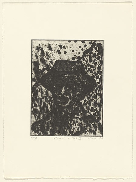 Artist: b'Lee, Graeme.' | Title: b'Man in a hat VII' | Date: 1996, May | Technique: b'etching, printed in black ink with plate-tone, from one plate' Artist: b'Lee, Graeme.' | Title: b'Man in a hat VII' | Date: 1996, May | Technique: b'etching, printed in black ink with plate-tone, from one plate'