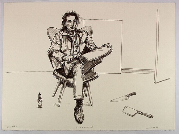 Artist: b'Miller, Lewis.' | Title: b'Portrait of Eamon Scott' | Date: 1989 | Technique: b'lithograph, printed in black ink, from one stone' | Copyright: b'\xc2\xa9 Lewis Miller. Licensed by VISCOPY, Australia' Artist: b'Miller, Lewis.' | Title: b'Portrait of Eamon Scott' | Date: 1989 | Technique: b'lithograph, printed in black ink, from one stone' | Copyright: b'\xc2\xa9 Lewis Miller. Licensed by VISCOPY, Australia'