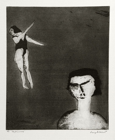 Artist: b'BALDESSIN, George' | Title: b'Performers.' | Date: 1964 | Technique: b'etching and aquatint, printed in black ink, from one plate' Artist: b'BALDESSIN, George' | Title: b'Performers.' | Date: 1964 | Technique: b'etching and aquatint, printed in black ink, from one plate'