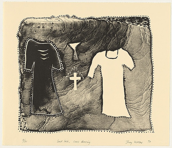 Artist: b'Watson, Judy.' | Title: b'backlash, cross dressing' | Date: 1995 | Technique: b'lithograph, printed in black ink, from one aluminium plate' | Copyright: b'\xc2\xa9 Judy Watson. Licensed by VISCOPY, Australia' Artist: b'Watson, Judy.' | Title: b'backlash, cross dressing' | Date: 1995 | Technique: b'lithograph, printed in black ink, from one aluminium plate' | Copyright: b'\xc2\xa9 Judy Watson. Licensed by VISCOPY, Australia'