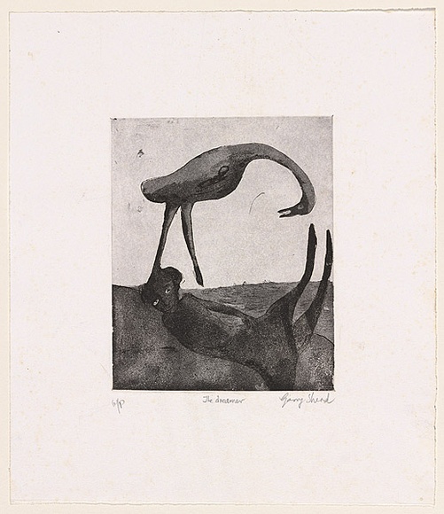 Artist: b'Shead, Garry.' | Title: b'The dreamer' | Date: 1998, September | Technique: b'etching and aquatint, printed in black ink, from one plate' | Copyright: b'\xc2\xa9 Garry Shead' Artist: b'Shead, Garry.' | Title: b'The dreamer' | Date: 1998, September | Technique: b'etching and aquatint, printed in black ink, from one plate' | Copyright: b'\xc2\xa9 Garry Shead'
