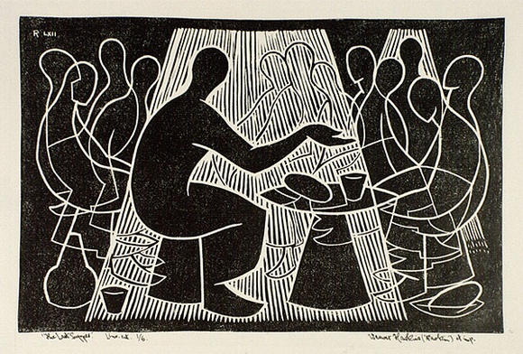 Artist: b'Hawkins, Weaver.' | Title: b'The Last Supper' | Date: 1962 | Technique: b'linocut, printed in black ink, from one block' | Copyright: b'The Estate of H.F Weaver Hawkins' Artist: b'Hawkins, Weaver.' | Title: b'The Last Supper' | Date: 1962 | Technique: b'linocut, printed in black ink, from one block' | Copyright: b'The Estate of H.F Weaver Hawkins'