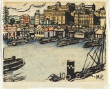 Artist: PRESTON, Margaret | Title: Circular Quay. | Date: 1920 | Technique: woodcut, printed in black ink, from one block; hand-coloured | Copyright: © Margaret Preston. Licensed by VISCOPY, Australia