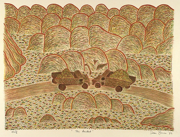 Artist: b'Bowen, Dean.' | Title: b'The accident' | Date: 1989 | Technique: b'lithograph, printed in colour, from multiple stones' Artist: b'Bowen, Dean.' | Title: b'The accident' | Date: 1989 | Technique: b'lithograph, printed in colour, from multiple stones'