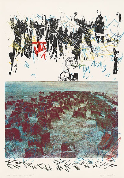 Artist: b'MEYER, Bill' | Title: b'Wish you were here' | Date: 1983 | Technique: b'screenprint, printed in twelve colours, from four colour separation screens, one photographic block out and photo ortho screen, two hand drawn with charcoal on acetate for indirect photo screen' | Copyright: b'\xc2\xa9 Bill Meyer' Artist: b'MEYER, Bill' | Title: b'Wish you were here' | Date: 1983 | Technique: b'screenprint, printed in twelve colours, from four colour separation screens, one photographic block out and photo ortho screen, two hand drawn with charcoal on acetate for indirect photo screen' | Copyright: b'\xc2\xa9 Bill Meyer'