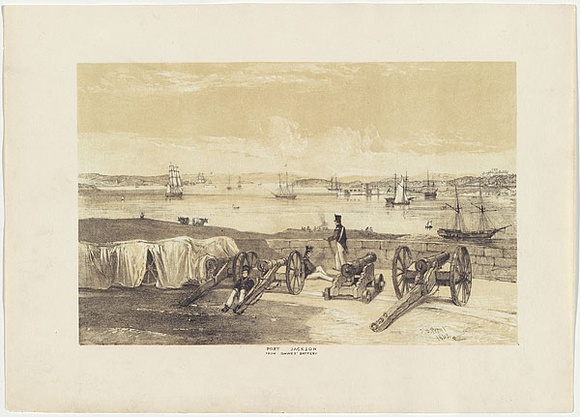 Artist: b'PROUT, John Skinner' | Title: bPort Jackson, from Dawe's Battery. | Date: 1842 | Technique: b'lithograph, printed in colour, from two stones (black and brown tint stone)' Artist: b'PROUT, John Skinner' | Title: bPort Jackson, from Dawe's Battery. | Date: 1842 | Technique: b'lithograph, printed in colour, from two stones (black and brown tint stone)'