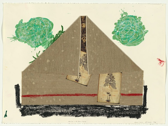 Artist: b'Lynn, Elwyn.' | Title: b'Pyramid with green clouds' | Date: 1982, 7 March | Technique: b'lithograph, printed in black ink, from one stone; collage, fabric and commercially printed matter; hand applied ink, paint and crayon' Artist: b'Lynn, Elwyn.' | Title: b'Pyramid with green clouds' | Date: 1982, 7 March | Technique: b'lithograph, printed in black ink, from one stone; collage, fabric and commercially printed matter; hand applied ink, paint and crayon'