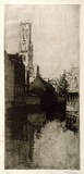 Artist: LONG, Sydney | Title: The belfry, Bruges | Date: c.1919 | Technique: line-etching and drypoint, printed in sepia ink with plate-tone, from one aluminium plate | Copyright: Reproduced with the kind permission of the Ophthalmic Research Institute of Australia